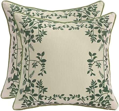  Tosleo Farmhouse Pink Tulip Embroidered Decorative Throw Pillow Covers 18x18 Set Of 2 Flowers Tufted Pillow Cushion Cases Square Floral Cotton Pillowcases For Wedding Sofa Couch Bedroom Living Room