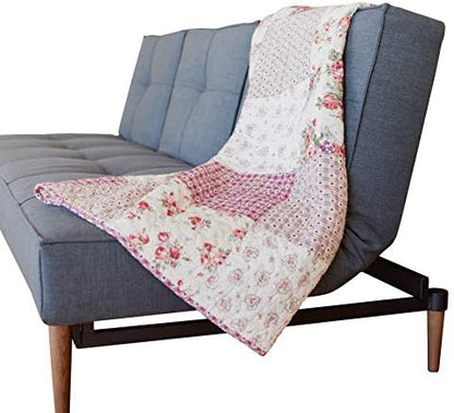  Ecret Garden 50" X 60" Cotton Quilted Throw Blanket: Floral Farmhouse Comforter, 100% Cotton Pink Grey Quilt, Patchwork Coverlet, Traditional Quilt For Couch And Bed, Country Lap Cover
