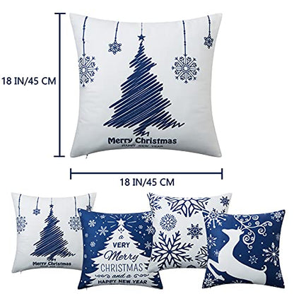 NANAN Christmas Pillow Covers 18X18 Inch Navy Blue Christmas Pillow Cases Snowflake Merry Christmas Holiday Pillowcases Xmas Trees Elk Deer Decorative Cushion Covers For Party Sofa Couch Set Of 4