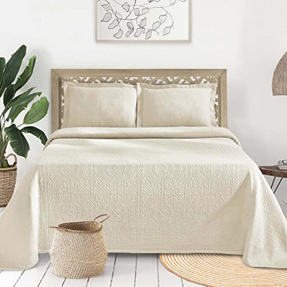 Superior Jacquard Matelasse Fleur De Lis 100% Cotton Medallion 3-Piece Bedspread Set - King, Ivory