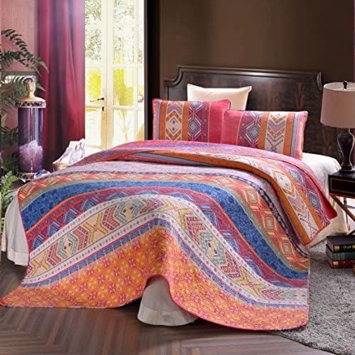  Exclusivo Mezcla Cotton Boho King Size Quilt Set, Soft Reversible Bohemian Bedspreads Lightweight Bedding Set Bed Cover For All Seasons, 3 Piece (1 Quilt, 2 Pillow Shams)