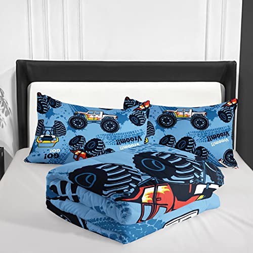  Cars Comforter Set, Giant Monster Pickup Truck Large Tires And Suspension Extreme Biggest Wheel Print, Twin Size Room Decorative 3 Piece Bedding Set With 2 Pillow Sham