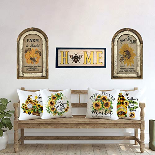  KACOPOL Sunflower Pillow Covers Set Of 4 18x18 Rustic Flower Market Farmhouse Truck Sunflower Bee Gnomes Home Eocr Throw Pillow Case Cushion Cover Spring Summer Decorations (Yellow-Hello Sunshine)