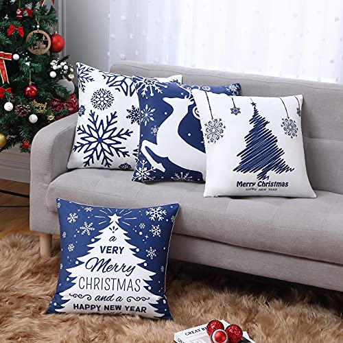  NANAN Christmas Pillow Covers 18X18 Inch Navy Blue Christmas Pillow Cases Snowflake Merry Christmas Holiday Pillowcases Xmas Trees Elk Deer Decorative Cushion Covers For Party Sofa Couch Set Of 4