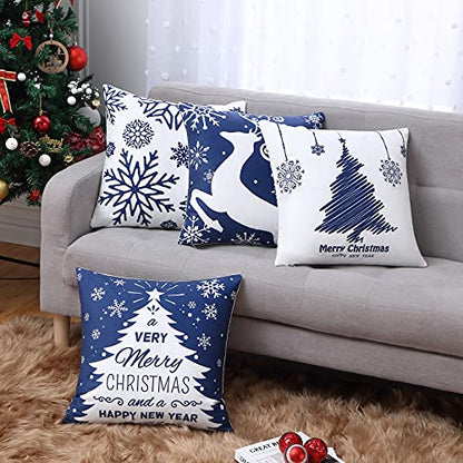  NANAN Christmas Pillow Covers 18X18 Inch Navy Blue Christmas Pillow Cases Snowflake Merry Christmas Holiday Pillowcases Xmas Trees Elk Deer Decorative Cushion Covers For Party Sofa Couch Set Of 4