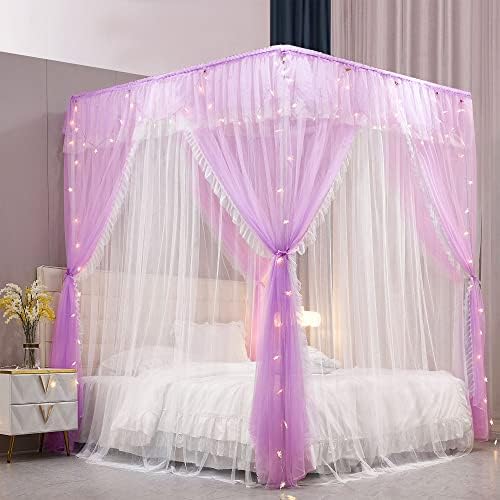  VETHIN 4 Corners Post Ruffle Princess Bed Canopy Curtain-Double Layer Cozy Drape Netting 4 Opening Mosquito Net For Girls Adults Bedroom Decoration (Double-Black,64" W*82" L*82"*H/Queen)
