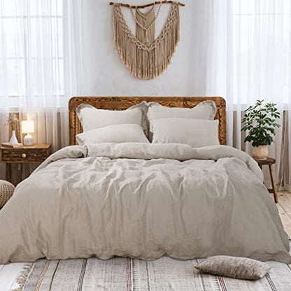  100% Linen Tencel Cooling Duvet Cover Set,Queen Size 5 PCS Eucalyptus Soft Breathable Comforter Cover Set Reversible Bedding Neutral Duvet Covers Button Closure,90"x90" Linen(NO Insert)