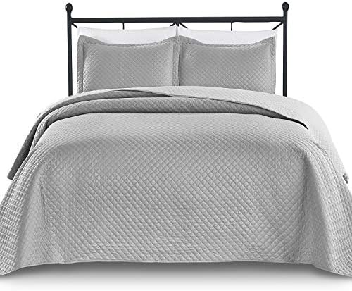 Unknown Luxe Bedding Solid Color Lightweight Oversize Cotton Filled Stitched 3-Piece Olive Leaves Bedspread Coverlet Set (King/California King, White / Peace)