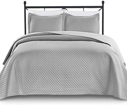 Unknown Luxe Bedding Solid Color Lightweight Oversize Cotton Filled Stitched 3-Piece Olive Leaves Bedspread Coverlet Set (King/California King, White / Peace)