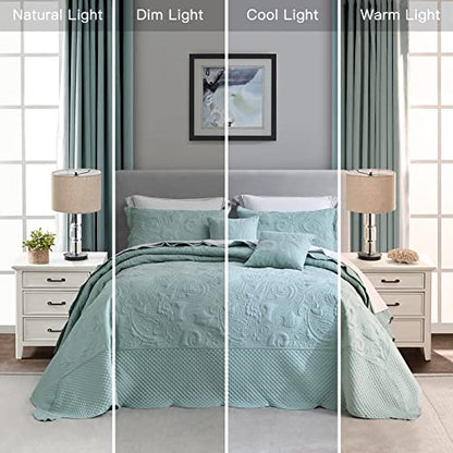  Oversized King Bedspread Aqua 128x120 Extra Wide, Paisley Pattern Design, Lightweight Bedding Cover, Reversible, 5 Piece, 100% Microfiber, King/Cal King, Seaglass