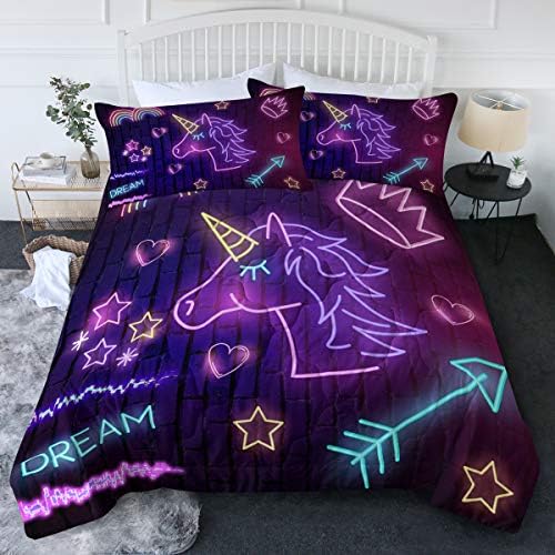  BlessLiving 3 Piece Unicorn Comforter Set With Pillow Shams Cartoon Unicorn Bedding Set With 3D Printed Designs Reversible Comforter Twin/Twin XL Size Bedding Sets, Rainbow