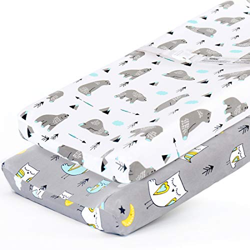  Stretchy Changing Pad Covers BROLEX Carddle Sheet Set For Baby Boys Girls,2 Pack Jersey Knit,Owl & Bear