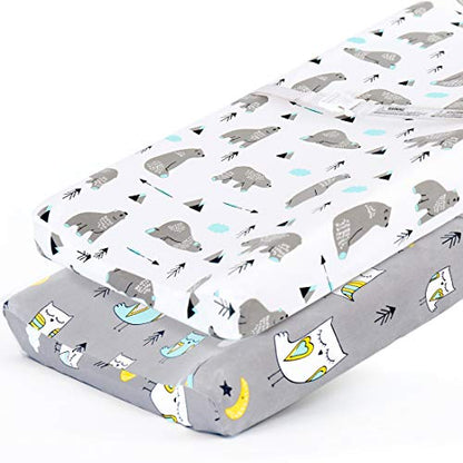  Stretchy Changing Pad Covers BROLEX Carddle Sheet Set For Baby Boys Girls,2 Pack Jersey Knit,Owl & Bear