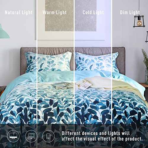  MILDLY 100% Egyptian Cotton Duvet Cover Set Gradient Blue Leaves Printed Comforter Cover Set Farmhouse Plant Reversible Baby Blue Bedding Set King Size With Zipper Closure & Corner Ties