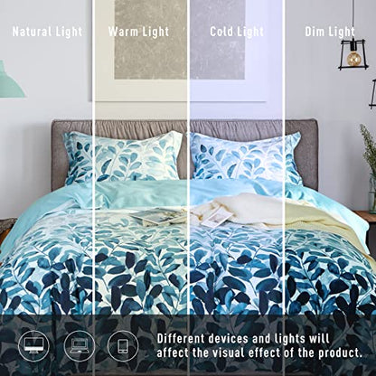  MILDLY 100% Egyptian Cotton Duvet Cover Set Gradient Blue Leaves Printed Comforter Cover Set Farmhouse Plant Reversible Baby Blue Bedding Set King Size With Zipper Closure & Corner Ties