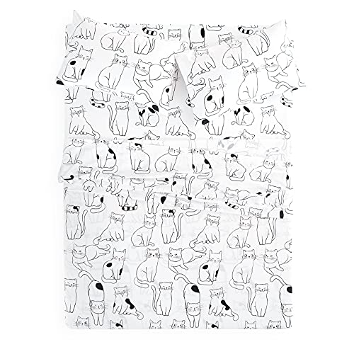  Wake In Cloud - Cats Sheet Set, 100% Cotton Bedding, White With Cats Drawing Pattern Printed (4pcs, Queen Size)