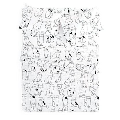  Wake In Cloud - Cats Sheet Set, 100% Cotton Bedding, White With Cats Drawing Pattern Printed (4pcs, Queen Size)