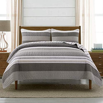  Cotton 3-Piece Quilt Set - Queen Size With 2 Shams: In The Mist Farmhouse Patchwork Bedding, Country Quilted Bedspread, Gray Bedding Lodge Comforter, Bedspreads & Coverlets