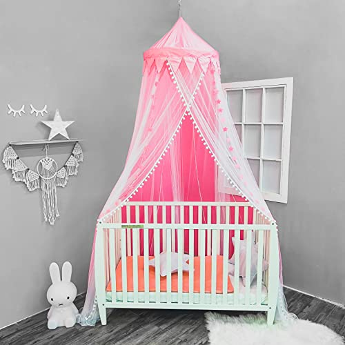  Bed Canopy For Kids - Bed Canopy Mosquito Net With Pom Poms And Felt Stars By Kiddigard - Bed Canopy For Girls - Bed Canopy Baby - Bed Canopy Set.