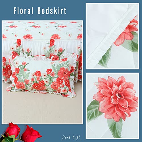  100% Cotton High 3-Pieces Ruffle Bed Skirt Queen Size Red Floral Quilted Bedspread Set With 2 Pillow Shams 20″Deep Dust Ruffle Drop 3-Side Dust Ruffle Drape Fitted Sheet For Bed Cover(White, Queen)