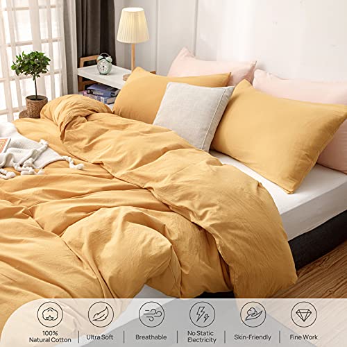  Straw Yellow 100% Washed Cotton Queen Duvet Cover Set, 3 Pieces 1 Comforter Cover And 2 Pillowcases, Ultra Soft And Breathable Solid Color Bedding Set With Zipper Closure