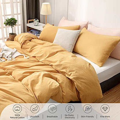  Straw Yellow 100% Washed Cotton Queen Duvet Cover Set, 3 Pieces 1 Comforter Cover And 2 Pillowcases, Ultra Soft And Breathable Solid Color Bedding Set With Zipper Closure