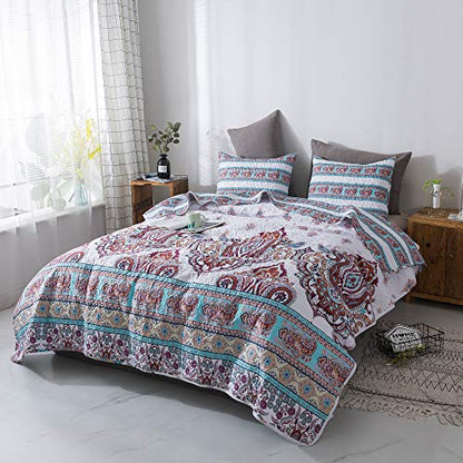  Hemian Reversible Cozy Paisley Floral Bedspread Set - Bright Buta Folky Vibrant Colorful Coverlet - Turquoise Blue Red Orange With White Background - Cal King - 3-Pieces