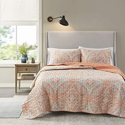  Reversible Quilt Set-Vermicelli Stitching Design All Season, Lightweight, Coverlet Bedspread Bedding, Matching Shams, Twin/Twin XL (66 In X 90 In), Gloria Damask Aqua 2 Piece