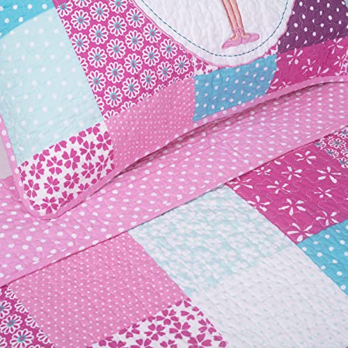  Cozy Line Home Fashions Ballerina Dance Princess Bedding Quilt Set, 100% Cotton Bedspread Coverlet Set (Pink Embroidered, Twin - 2 Piece)