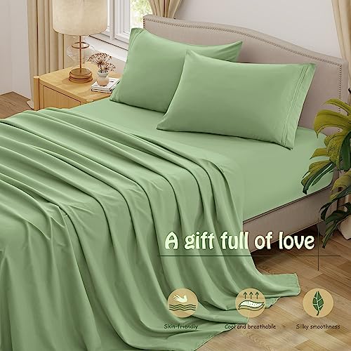  Vonty 4 Piece Queen Sheet Set - Luxury Brushed Microfiber Sheets, Sage Green Bed Sheets Set - 1200 Thread Count Sheets - Cooling And Wrinkle Resistant Bedding Sheets & Pillowcases With Deep Pocket