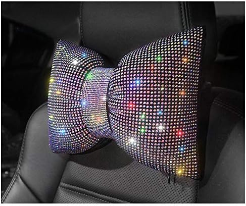  Happyera 1 Pack Bling Bling Rhinestones Bowknot Car Headrest Pillow, Crystal Lumbar Support Pillow, Neck Rest Pillow For Car, Head Neck Support For Pain Relief - White Waist Pillow
