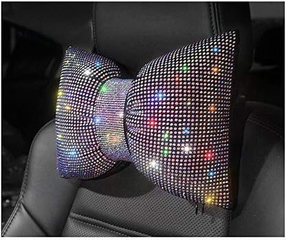  Happyera 1 Pack Bling Bling Rhinestones Bowknot Car Headrest Pillow, Crystal Lumbar Support Pillow, Neck Rest Pillow For Car, Head Neck Support For Pain Relief - White Waist Pillow