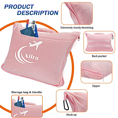  Ajlrq Travel Blanket Airplane Pillow, Premium Soft Polyester 2 In 1 Travel Pillow Airplane Blanket WithSoft Bag Pillow Case Travel Essentials With Storage Bag And Handle Belt (Pink)