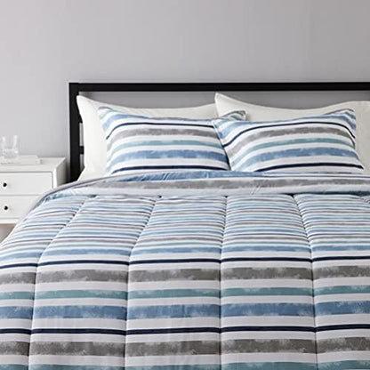  Amazon Basics Reversible Comforter Set, Twin / Twin XL, Blue Harbor Stripes, Microfiber, Ultra-Soft