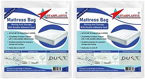  Mattress Bags For Moving Queen Size - Heavy Duty Mattress Storage Bag [2-Pack] 5 Mil Thick Plastic Waterproof Mattress Covers For Moving And Storage With Adhesive Strips For Mattresses
