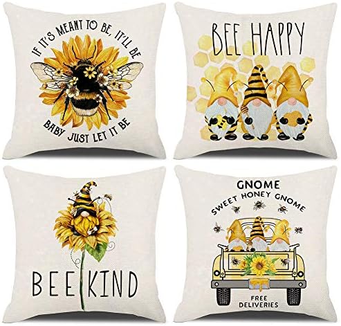  KACOPOL Sunflower Pillow Covers Set Of 4 18x18 Rustic Flower Market Farmhouse Truck Sunflower Bee Gnomes Home Eocr Throw Pillow Case Cushion Cover Spring Summer Decorations (Yellow-Hello Sunshine)