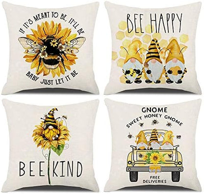  KACOPOL Sunflower Pillow Covers Set Of 4 18x18 Rustic Flower Market Farmhouse Truck Sunflower Bee Gnomes Home Eocr Throw Pillow Case Cushion Cover Spring Summer Decorations (Yellow-Hello Sunshine)