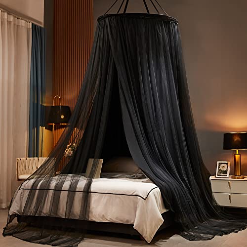  Padiouxs Luxurious Canopy Bed Curtains For Girls, Adults,Children Double Layers Princess Bed Canopy- Round Dome Lace Princess Mosquito Bedding Net For Twin Full Queen King Size(Black)