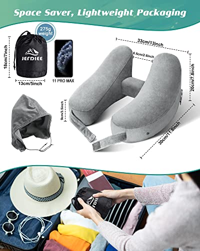  JefDiee Travel Pillow For Neck, Neck Pillows For Travel, Chin, Head Support, Airplane Pillow With Soft Washable Velour Cover, Hat, Portable Luxury Bag (Grey-1)