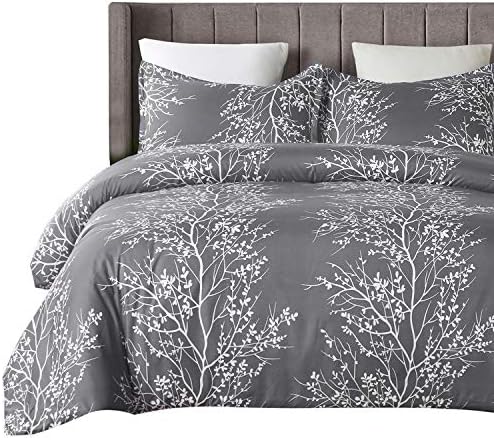  Lightweight Microfiber Duvet Cover Set, Grey And White Floral Branches Printed Pattern - King Size 3-Piece Set (1 Duvet Cover 2 Pillowcases)