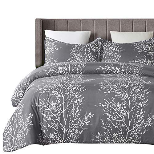  Lightweight Microfiber Duvet Cover Set, Grey And White Floral Branches Printed Pattern - King Size 3-Piece Set (1 Duvet Cover 2 Pillowcases)