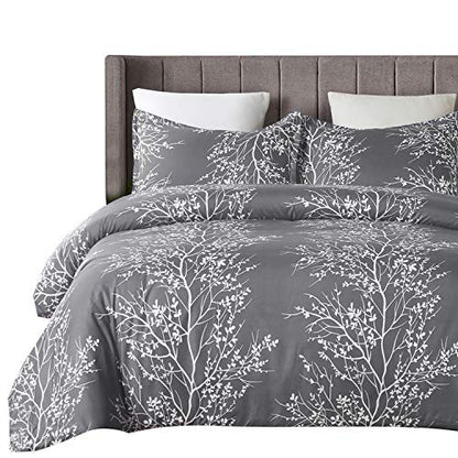 Lightweight Microfiber Duvet Cover Set, Grey And White Floral Branches Printed Pattern - King Size 3-Piece Set (1 Duvet Cover 2 Pillowcases)