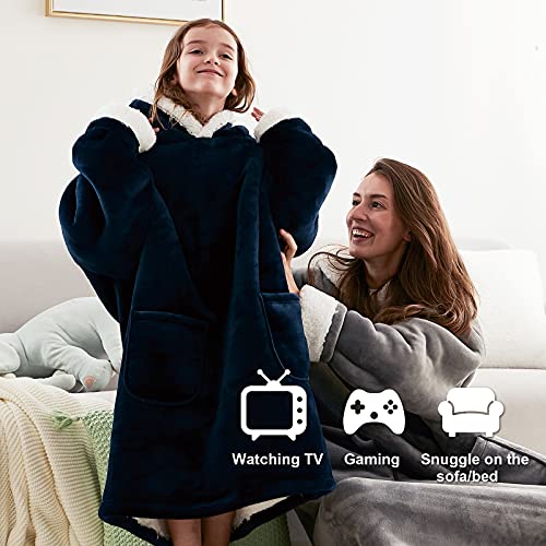  EHEYCIGA Wearable Blanket Hoodie For Kids, Hoodie Blanket With Pockets And Sleeves Sweatshirt Blanket For Teens - Navy Kids
