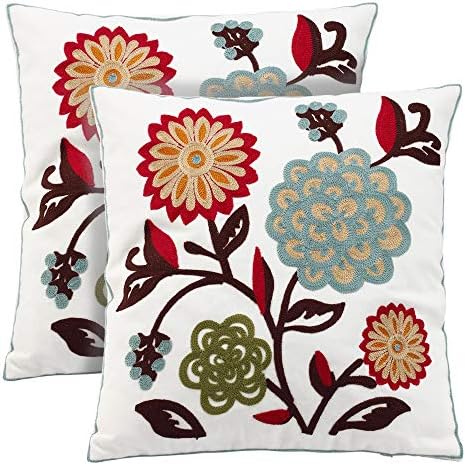  Oneslong Throw Pillow Case Covers - Set Of 2-100% Cotton, Decorative Floral Embroidered Design On Solid Natural White Background For Couch, Sofa, Bed - 18 X 18 Inches - Cushion Not Included
