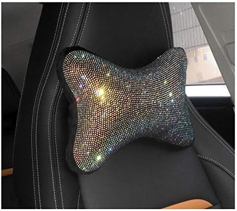 HappyERA 1Pc Bling Rhinestones Leather Car Seat Lumbar Pillow, Crystal Diamond Lumbar Support Cushion For Girls Women - White