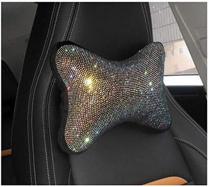  HappyERA 1Pc Bling Rhinestones Leather Car Seat Lumbar Pillow, Crystal Diamond Lumbar Support Cushion For Girls Women - White