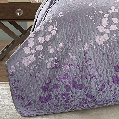 Masterplay 3-Piece Fine Printed Oversize (118" X 95") Quilt Set, Bedspread Coverlet King Size Bed Cover (Dark Grey, Purple Gradient, Vine)