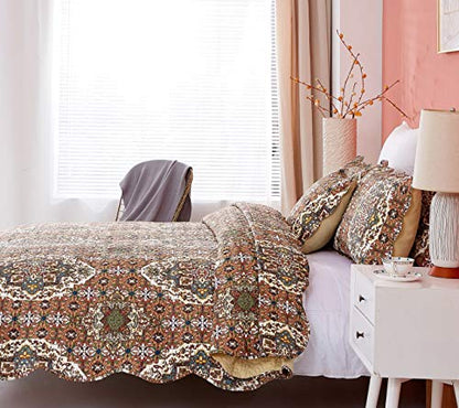  DaDa Bedding Earthy Cross Motif Folk Bedspread - Cozy Arabian Moroccan Ogee Rustic Antique Style Quilted Coverlet Set - Scalloped Edges Warm Tones Burnt Orange Brown Olive Green - Cal King - 3-Pieces