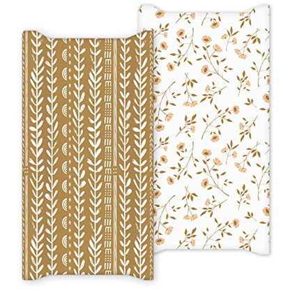  Changing Pad Cover, 2 Pack Changing Table Cover For Baby Boys Girls, Jersey Knit Soft Diaper Changing Pad Cover, Changing Table Sheets, Retro Brown Flower