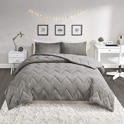  Intelligent Design Kai Solid Chevron Quilted Reversible Ultra Soft Microfiber To Cozy Plush Zipper Closure Comforter Set Bedding, Full/Queen Size, Grey